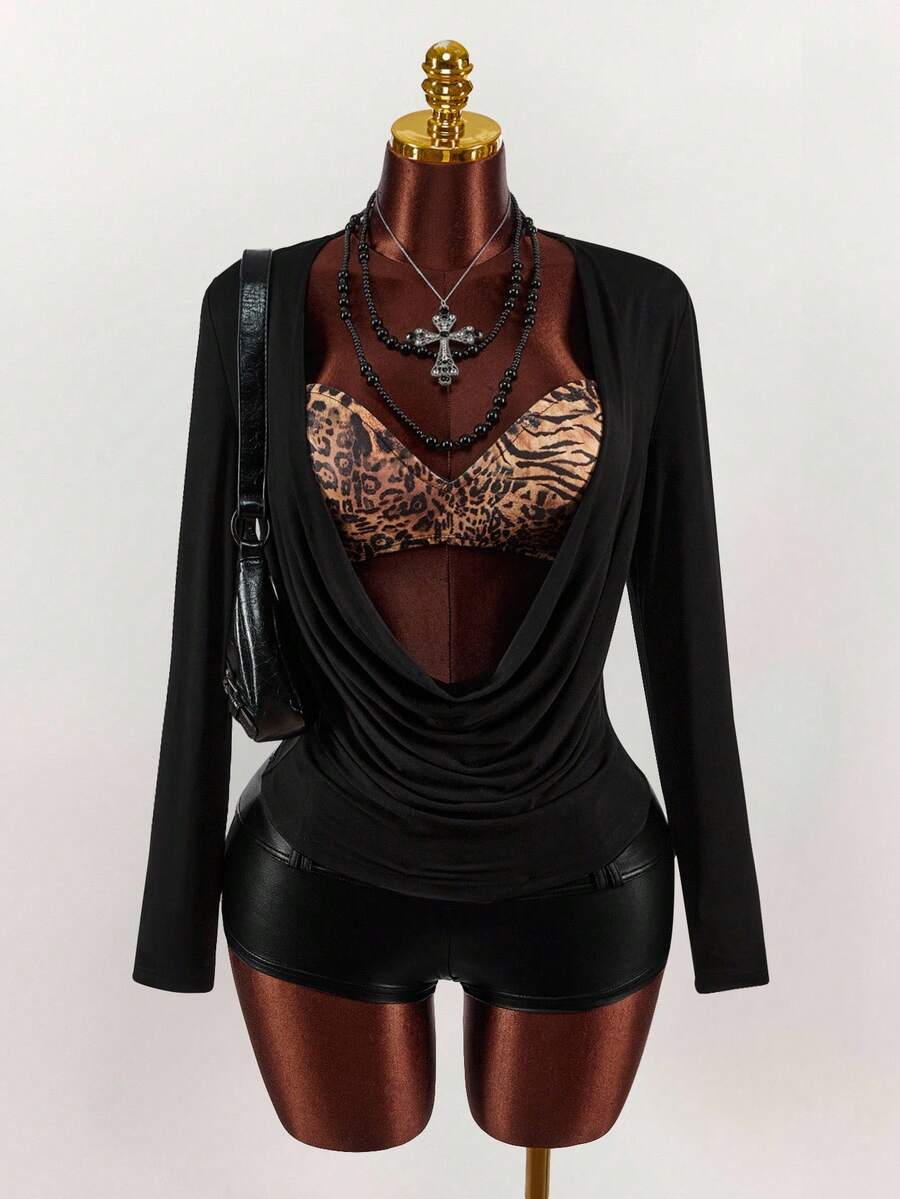 Áo bra dài tay cổ khoét sâu họa tiết da báo phong cách Y2K Amplova dành cho nữ, gợi cảm và phá cách, phù hợp mặc hàng ngày, dáng rộng, kiểu Y2K, áo nữ phong cách Gothic, áo liền thân dài tay gợi cảm, trang phục Halloween cho du lịch hàng ngày, áo đen. - màu đen - Xem 1