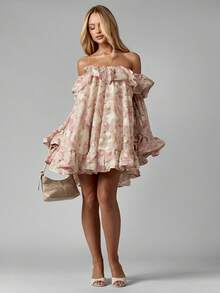 MISSGUIDED Đầm ngắn Bardot bằng chiffon họa tiết hoa, trễ vai, tay dài loe, xếp nếp, thích hợp cho đám cưới, lễ tốt nghiệp, mùa xuân hè, tiệc vườn, các dịp đặc biệt. - Hồng - Xem 4