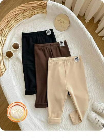 SHEIN 3件套女婴休闲纯色弹力腰带保暖加厚裤，秋冬季