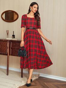 Vintamour Đầm nữ cổ điển thanh lịch, đầm kẻ caro ôm dáng với cổ vuông, tay lửng, thắt lưng, túi, đầm dài mùa hè/thu đông cho nữ, đầm nữ mùa thu đông, đầm Giáng sinh, đầm năm mới, quần áo năm mới cho nữ, đầm kẻ caro, đầm đỏ, đầm kẻ caro nữ, đầm kẻ caro đỏ có thắt lưng, đầm midi kẻ caro, đầm Giáng sinh. - Đỏ - Xem 4