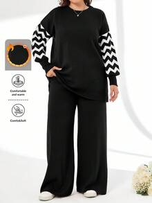 SHEIN Cottnline Plus Size Striped Color Block Sweater And Pants Two-Piece Set, For Winter - Black and White - View 1