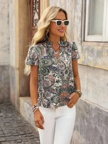 Brillora Blusa con estampado de cuello de muesca - Blanco - Ver 5