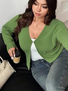 Dazy Plus Áo len cardigan ngắn cổ chữ V thời trang thường ngày cỡ lớn dành cho nữ, mùa xuân/thu - màu xanh lá - Xem 6