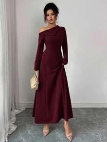 Elenzga فستان أنيق طويل للنساء بخصر مربوط على شكل حرف A، كتف مكشوف، لون أحادي، مناسب للاستخدام اليومي والحفلات والعطلات والسهرات، ملابس خريف/شتاء. فساتين خريف للنساء، ملابس شتوية للنساء، فستان عيد الميلاد، كاجوال للعمل، فساتين للنساء للعمل، فساتين لحفلات الزفاف، ملابس نسائية جوتية، كتف مكشوف، فستان كتف واحد