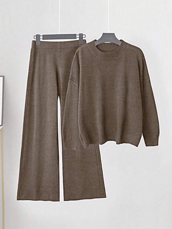 Linhara Conjunto de suéter y ropa de estar en casa de lana tejida para mujer talla grande, color café