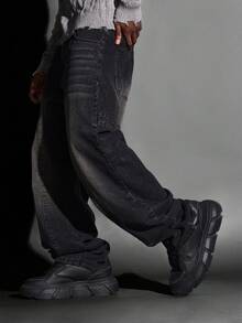 SUMWON Cotton Baggy Carpenter Denim Wide Leg Skater Fit Jean Distressed Raw Hem Loose Fit Vintage Washed Dark Denim For Urban Streetwear Fashion Forward Y2K Look Plain - Black - View 4