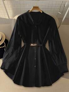 Lacomfia 女式立领褶皱长袖系腰优雅百搭时尚纯色加大码衬衫 - 黑色 - 查看 1