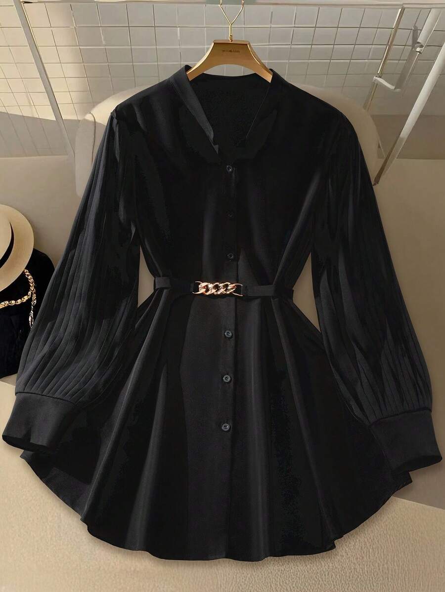 Lacomfia 女式立领褶皱长袖系腰优雅百搭时尚纯色加大码衬衫 - 黑色 - 查看 1