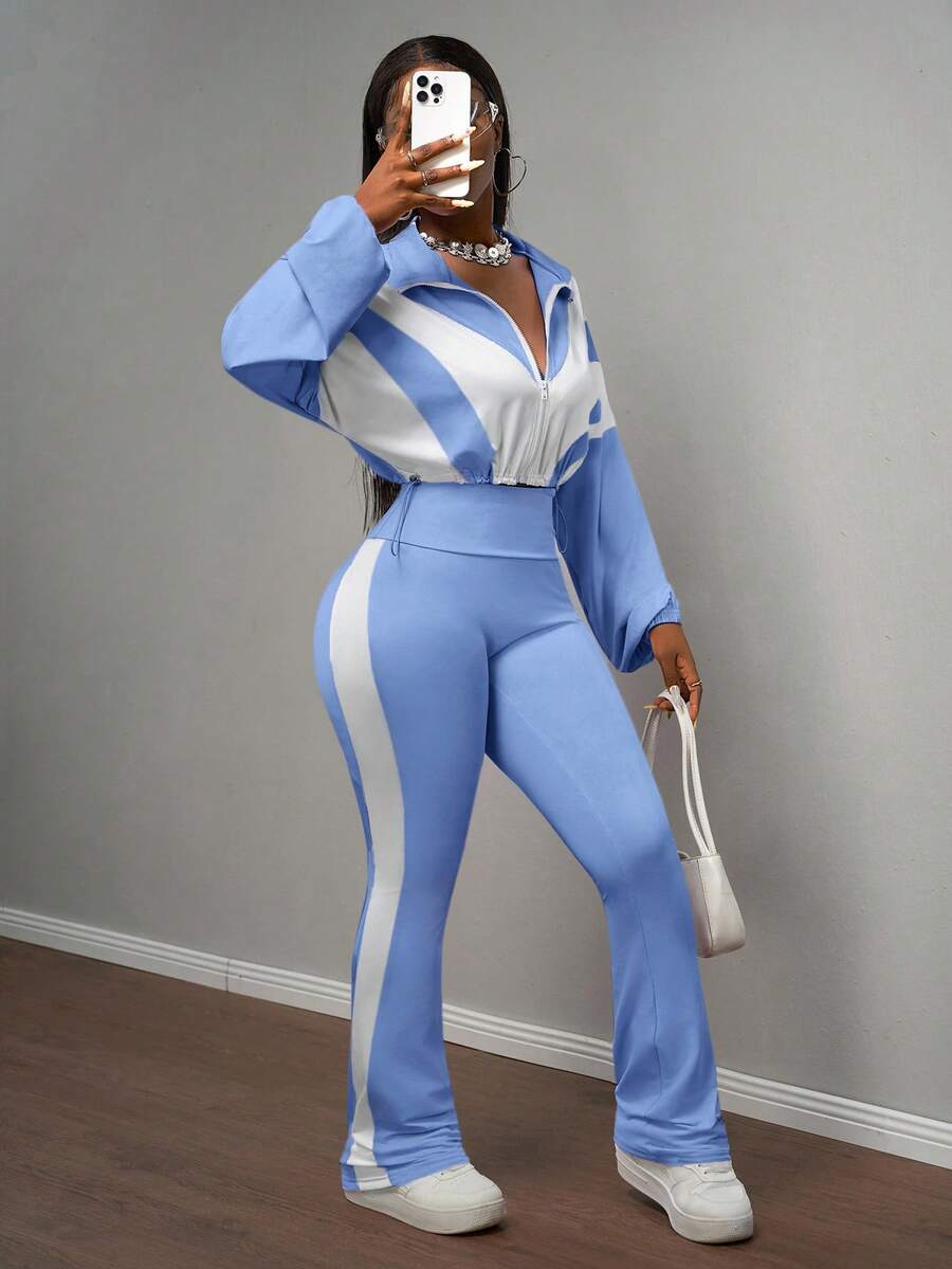 Slaydiva 2025新款早秋休闲简约日常约会运动风瑜伽服小立领前中拉链落肩白色拼接浅紫色下摆抽绳长袖上衣+紫色喇叭裤侧边白色拼接瑜伽裤针织套装女两件套-B