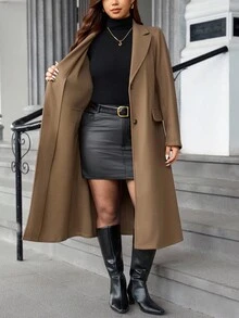 Easura Abrigo largo con abertura y botones de unicolor para mujer talla grande, otoño/invierno - Marrón - Ver 10
