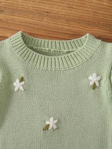 SHEIN Vintaside Kids Stickad långärmad tröja för babyflickor, mångsidig grön och ljusgrön, elegant broderad holkärm, lämplig för höst/vinter, vardag, skola, hem, utomhus, resor - Grön - Visa 7