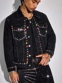 ROMWE MEN Street Life Rhinestone Embellished Casual Loose Personalized Long Sleeve Men Denim Tops, For Fall - Black - View 5