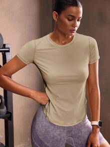 Powerista Camiseta deportiva casual de mujer de unicolor, cuello redondo y manga corta para el gimnasio - Caqui - Ver 3