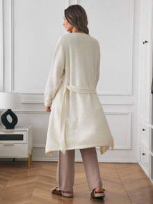 Louniche 女士简约长款针织睡袍，秋冬家居服 - 杏色 - 查看 3