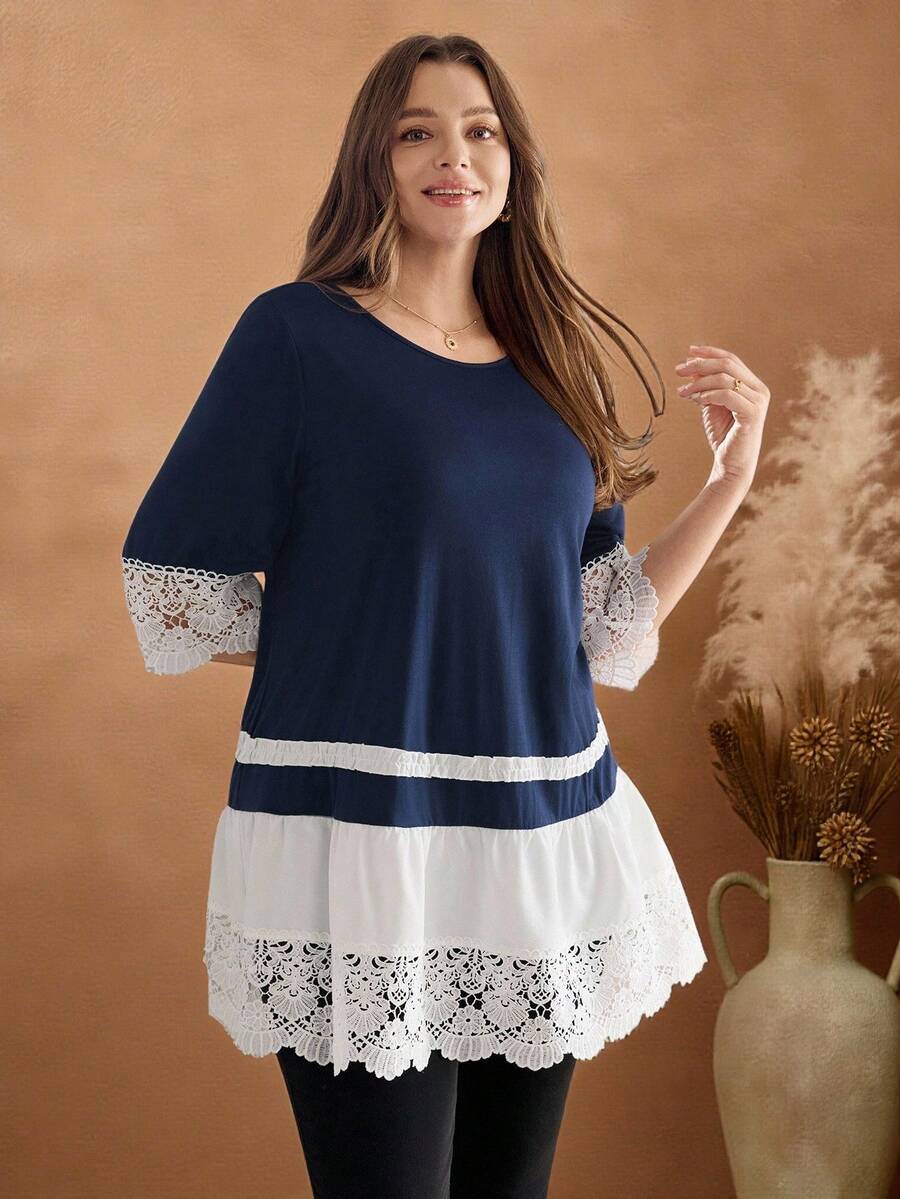 Rosumi 休闲时尚百搭宽松蕾丝拼接女式大码 T 恤，夏季 - 彩色 - 查看 1
