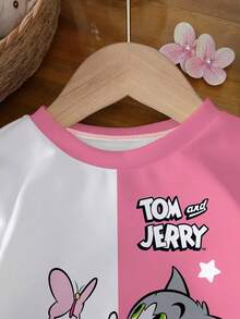 TOM & JERRY X SHEIN 女婴圆领长袖卫衣，舒适休闲卡通字母印花拼色，秋冬 - 白色 - 查看 3