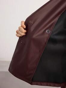 Modelyn 女式双排扣束腰 PU 皮夹克，秋冬时尚 - 棕色 - 查看 8