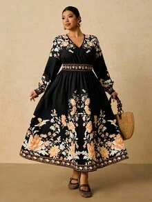 SHEIN VCAY 大码秋季服装全印花褶皱豹纹长袖连衣裙/秋季连衣裙/秋季女装秋季婚礼宾客连衣裙优雅女士连衣裙商务休闲女士工作连衣裙商务连衣裙 - 彩色 - 查看 1