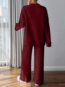 SHEIN Tall Women Button Detailed Sweater And Pant Set - Burgundy - View 2