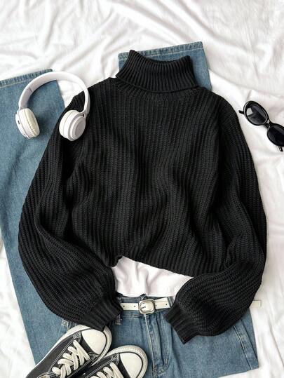 Sparklyn 适合年轻女性的学院风高领毛衣，厚实，短款，优雅，修身，百搭，纯色针织上衣，秋冬