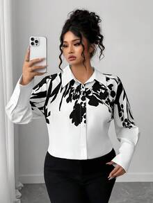 SHEIN Elenzya Blusa feminina plus size, casual, luxuosa, elegante, estampada, estilosa, slim, manga comprida - Preto e Branco - Ver 4