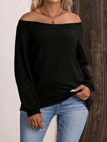 EMERY ROSE Maglietta larga a maniche lunghe e spalle scoperte da donna, casual e alla moda - nero - Visualizzare 6