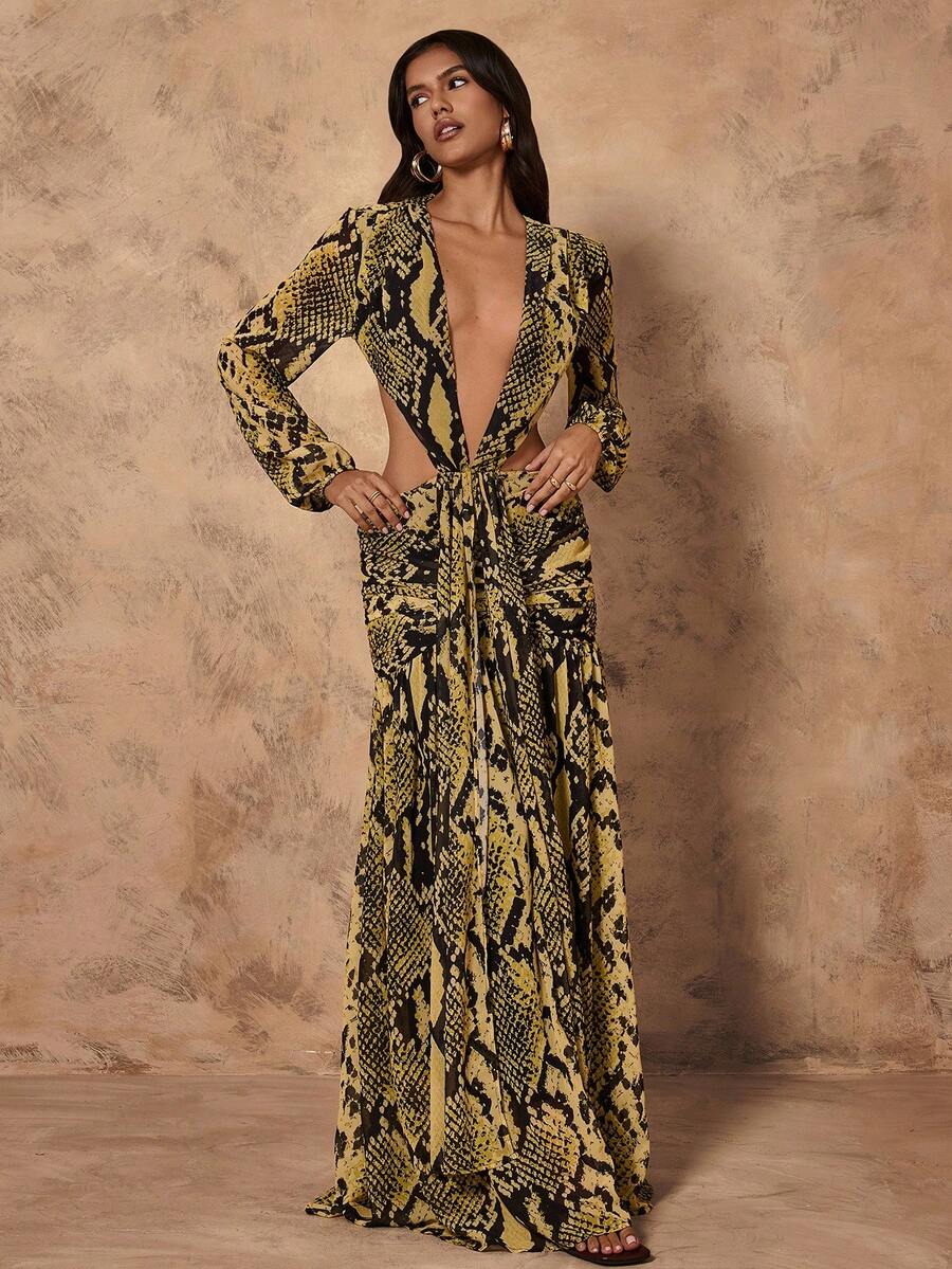 Almamuse 女士优雅蛇皮印花浪漫通勤派对长裙 - 黃色 - 查看 1