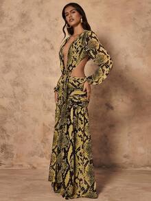 Almamuse 女士优雅蛇皮印花浪漫通勤派对长裙 - 黃色 - 查看 4