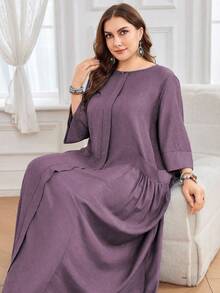 SHEIN Najma 女式宽松圆领 3/4 袖加大码口袋仿亚麻舒适休闲日常加大码阿拉伯连衣裙