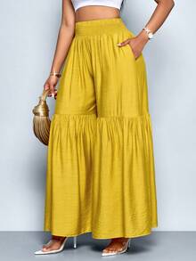 SOLERSUN Elegant Elastic Waist Yellow Slant Pockets Pleated Large Hem Extra Long Wide Leg Pants Fall Cloth For Women - Mustard Yellow - View 6