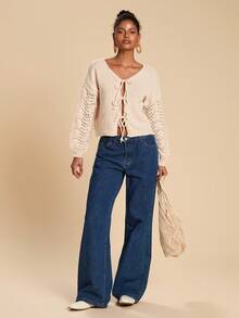 Travachic Cárdigan de mujer de unicolor con hombros caídos y manga larga, con nudo de cordón, para otoño, blusa con cordones, cárdigan de punto, cárdigan de otoño e invierno, para fiesta de Navidad, Año Nuevo, invitada de boda, graduación elegante, baile de gala de lujo, cárdigan casual - Albaricoque - Ver 7