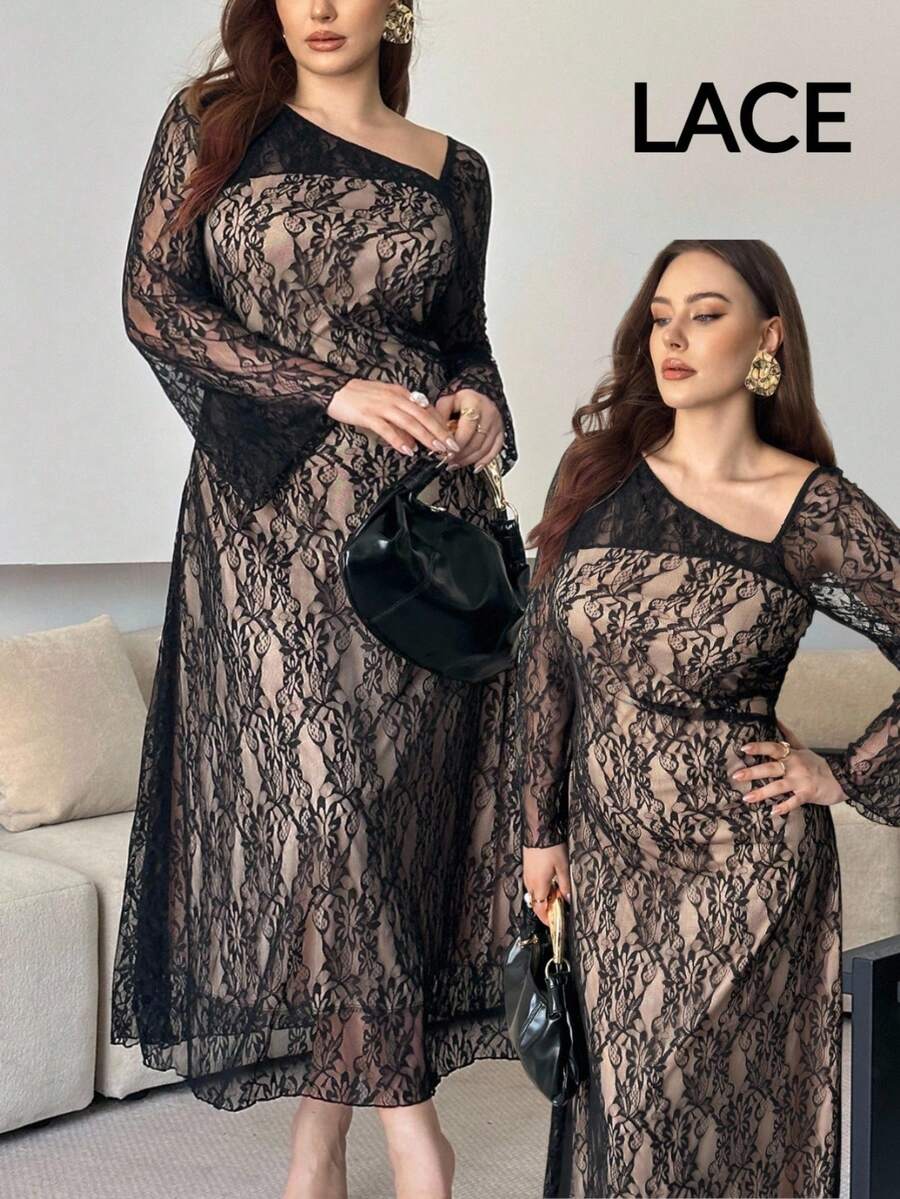 Modelyn 优雅大码女式蕾丝束腰连衣裙 - 黑色 - 查看 1