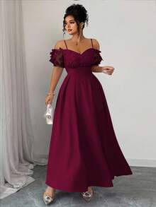 Elenzga 加大码缀饰细肩带露肩蝴蝶 3D 花卉褶饰腰部短袖修身紫色和薰衣草色 A 字优雅法式连衣裙 - 酒紅色 - 查看 4