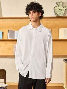 Open Phase STONE DISTRICT 男士纯色落肩衬衫，休闲衬衫，宽松服装，学院风 - 白色 - 查看 3
