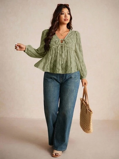 Elaquor 休闲宽松前系带长袖大码女式上衣