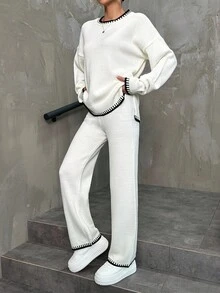 EURMUSE Women's Drop Shoulder Loose Knitted Sweater Two Piece Set With Contrast Color Hem - White - View 3