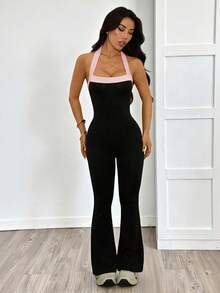 SHEIN PETITE 女士纯色拼接简约修身连体裤，休闲日常穿着