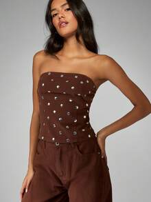 MISSGUIDED 棉质铆钉牛仔抹胸束身胸衣，西部Y2K风格复古修身无肩带胸衣，适合派对、夜店和节日穿着 - 咖啡棕 - 查看 4