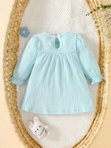 SHEIN New Long Sleeved Newborn Baby Beige Round Neck Bubble Sleeve Three-Dimensional Embroidered Dress Cute And Elegant, Simple And Comfortable - Blue - View 3