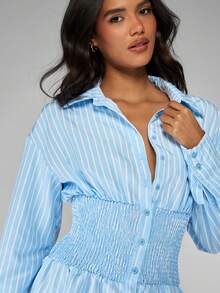 MISSGUIDED 褶饰腰长袖纽扣领迷你连衣裙条纹衬衫风格办公室商务秋季春季 - 藍白色 - 查看 4