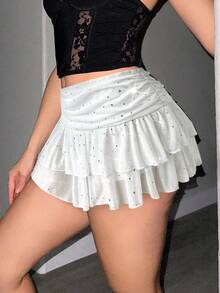 Sweetina Chân váy mini lưới đính đá pha lê cạp cao, xẻ tà, thắt nơ, cạp siêu thấp dành cho nữ - trắng - Xem 3