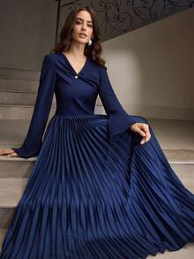 ZEYLAH Asymmetric Collar Metal Buckle Decor Pleated Long Sleeve Maxi Elegant Dress - Navy Blue - View 1