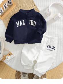 SHEIN Bộ đồ thể thao thường ngày 2 món cho bé trai/bé gái, áo khoác và quần dài có khóa kéo in họa tiết chữ dáng rộng, thích hợp cho các buổi đi chơi, đi học, tụ tập, trang phục thu/đông trở lại trường, chất liệu nỉ, dày dặn - Nhiều màu - Xem 1