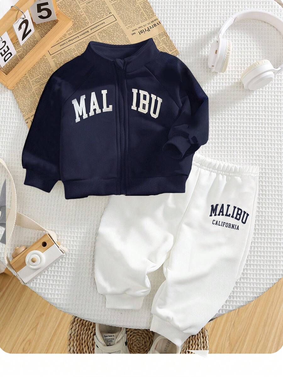 SHEIN Bộ đồ thể thao thường ngày 2 món cho bé trai/bé gái, áo khoác và quần dài có khóa kéo in họa tiết chữ dáng rộng, thích hợp cho các buổi đi chơi, đi học, tụ tập, trang phục thu/đông trở lại trường, chất liệu nỉ, dày dặn - Nhiều màu - Xem 1