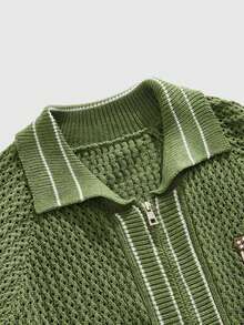 ROMWE MEN Casual Cárdigan de punto a rayas con mangas raglán para hombre, otoño - Verde - Ver 3