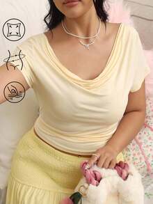 SHEIN EZwear 夏季大码紧身垂领黄色T恤 - 黃色 - 查看 4