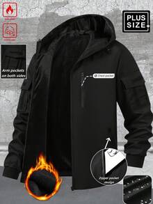 Manfinity Homme 加大码男士长袖休闲拉链连帽夹克，带保暖内衬，秋冬季男士外套拉链科技风夹克，加厚保暖棉质面料，黑色，防水防雨多功能