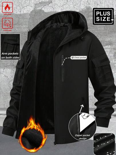 Manfinity Homme 加大码男士长袖休闲拉链连帽夹克，带保暖内衬，秋冬季男士外套拉链科技风夹克，加厚保暖棉质面料，黑色，防水防雨多功能