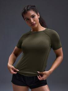 Powerista Casual Solid Color Mesh Splice Breathable Sports T-Shirt Gym Women Shirts - Army Green - View 5