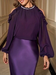 Gownix Blusa Elegante Feminina com Decote Redondo, Decoração de Pérolas, Ombros Frios, Manga Longa, Babados, Ideal para o Natal, Inverno, Outono e Inverno, Ano Novo, Ação de Graças, Festa Elegante, Vestido Elegante Feminino com Lantejoulas - Roxo - Visão 5